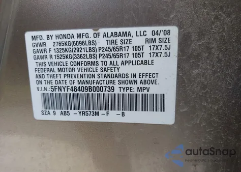 2009 Honda Pilot Ex из США, поврежденный, VIN 5FNYF48409B000739